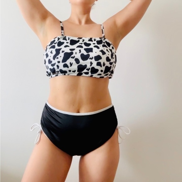NWOT Cow Print High Waisted Bandeau Scrunch Bottom Bikini Black White - Picture 2 of 13